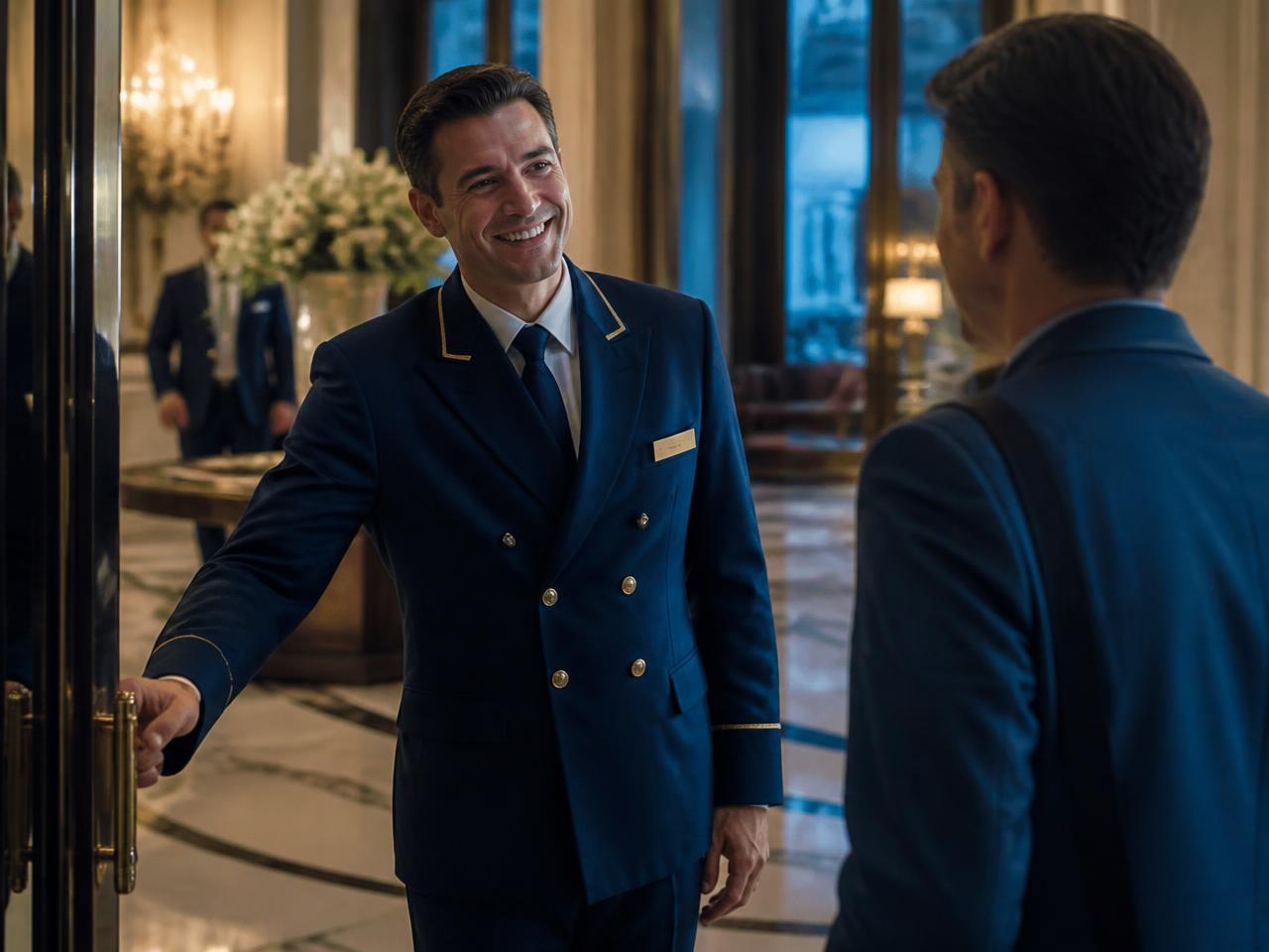 A concierge welcoming a member into a luxury hotel lobby